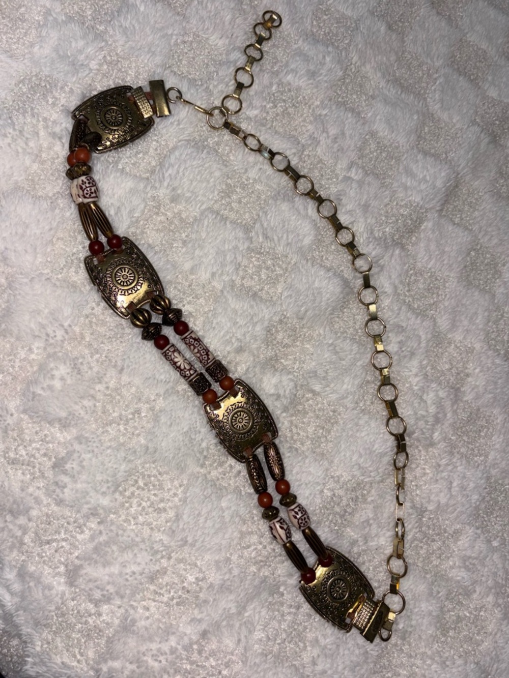 Boho Western Multi-Bead Leather + Gold-Tone Statement Belt • OSFM